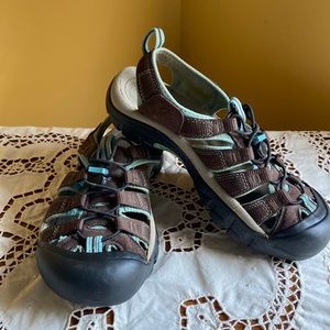 Keen Newport H2 brown and light teal sandals. Walking, hiking, water shoe.